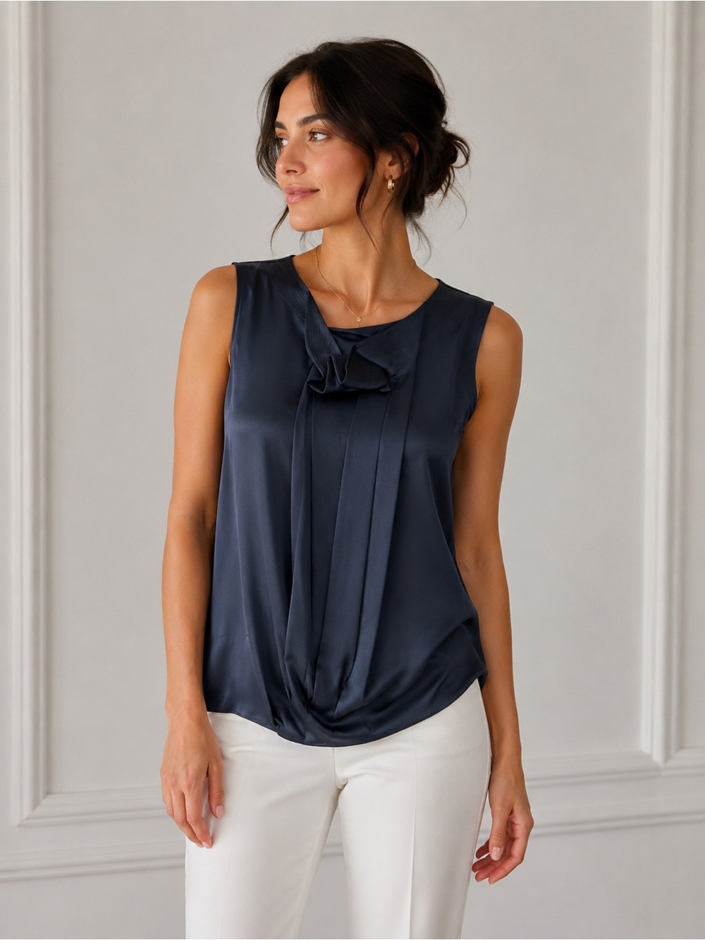 BCBGMaxAzria RUNWAY Navy Blue Sleeveless Ruffle-Neck Camisole Silk Size M